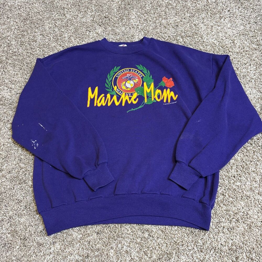 Vintage Marine Mom Sweatshirt Purple Jerzees Brand Made In USA Distressed XL 90s